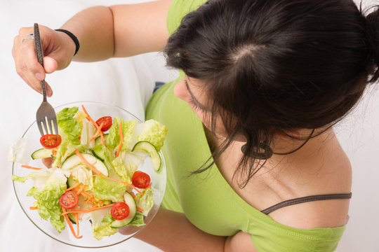 Healthy Eating Woman Enjoys Raw Food Fresh Green Salad