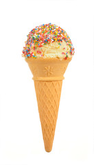 Vanilla ice cream cone or cornet with sprinkles isolated on white background photo