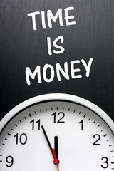 Time Is Money concept with a clock and blackboard