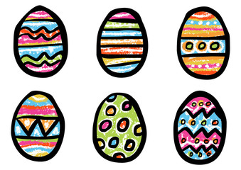 6 handgemalte Ostereier in frischen, bunten Farben, freigestellt