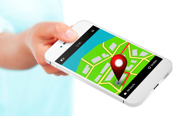 hand holding mobile phone with gps application and map over whit