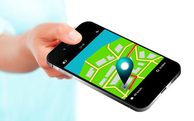hand holding mobile phone with gps application and map over whit