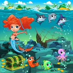 Fotobehang Zeemeermin met grappige dieren op de zeebodem © ddraw