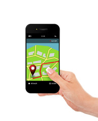 hand holding mobile phone with navigation application isolated o
