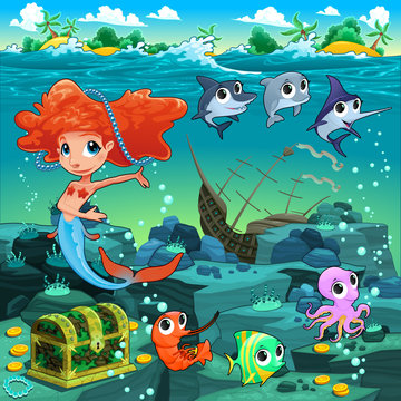 Mermaid with funny animals on the sea floor