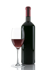 Glass of red wine and a bottle isolated over white background