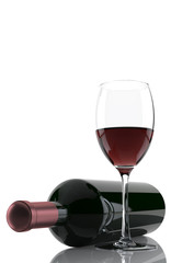 Glass of red wine and a bottle isolated over white background