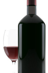 Glass of red wine and a bottle isolated over white background