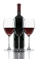 Glass of red wine and a bottle isolated over white background