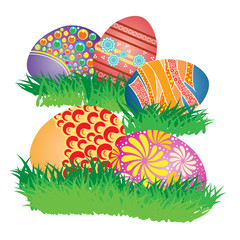 Decorated Easter Eggs on Fresh Green Grass