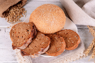 Tasty bread on table close-up