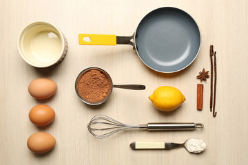 Fototapeta na wymiar Food ingredients and kitchen utensils for cooking