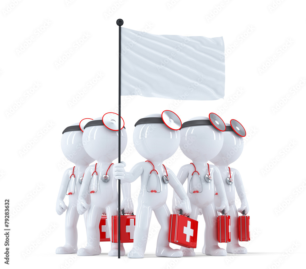 Aufkleber group of doctors with blank flag. isolated. contains clipping path