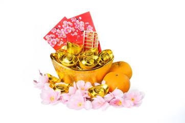 Chinese gold ingots decoration isolated on white background