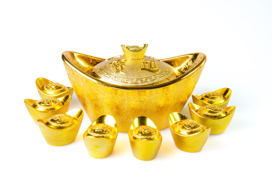 Chinese gold ingots decoration isolated on white background