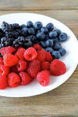 Raspberries and blackberries on a plate