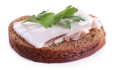 Sandwich with lard and parsley isolated on white