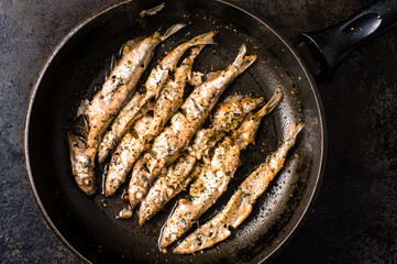 Sprat, capelin fried in a pan