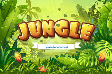 Illustration cartoon jungle with inscription and ribbon © nearbirds