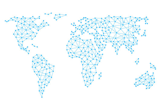 Social media network. World map with nodes linked by lines.