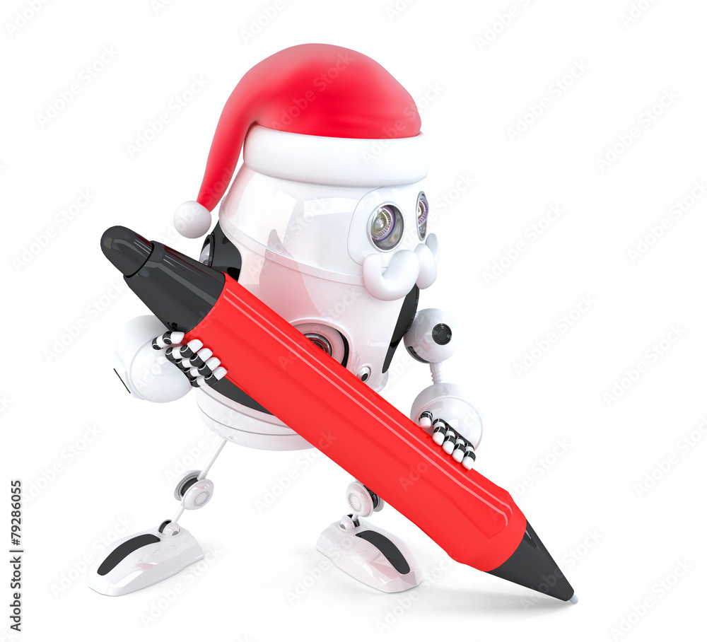 Poster robot santa writes something with a pen. isolated. contains clipping path