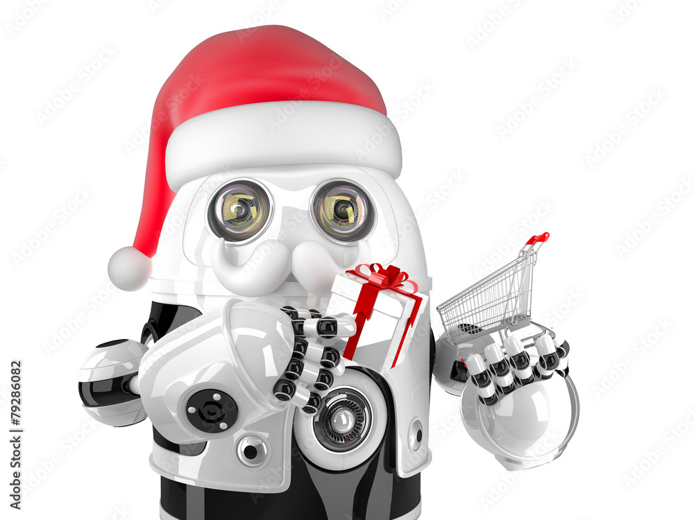 Poster robot santa with shopping cart and gift box. isolated. contains clipping path