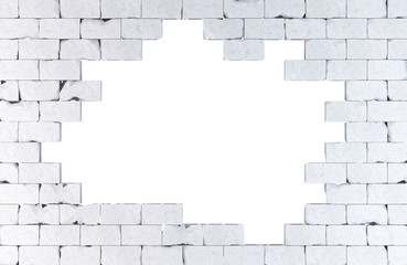 Brick wall with a large hole. Isolated. Contains clipping path