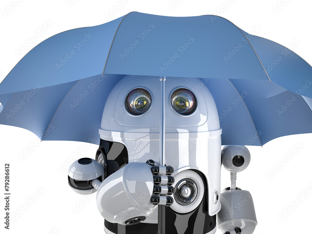 Poster robot with umbrella. technology concept. contains clipping path