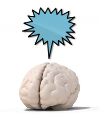 human brain with blue speech ballon