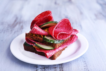 Sandwich with salami and cucumber