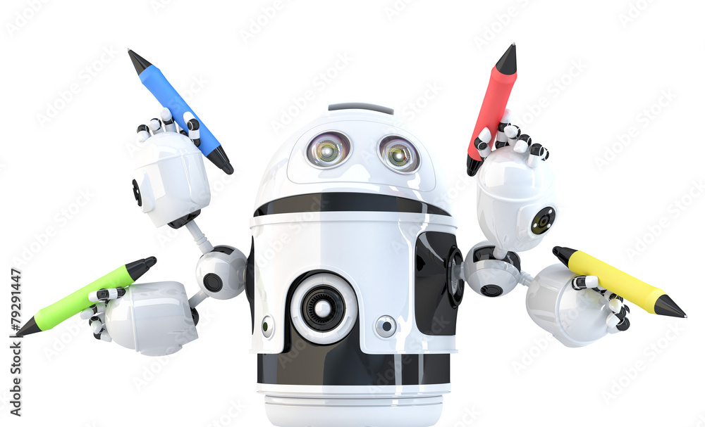 Poster four-armed robot with pencils. multitasking concept. isolated. contains clipping path.