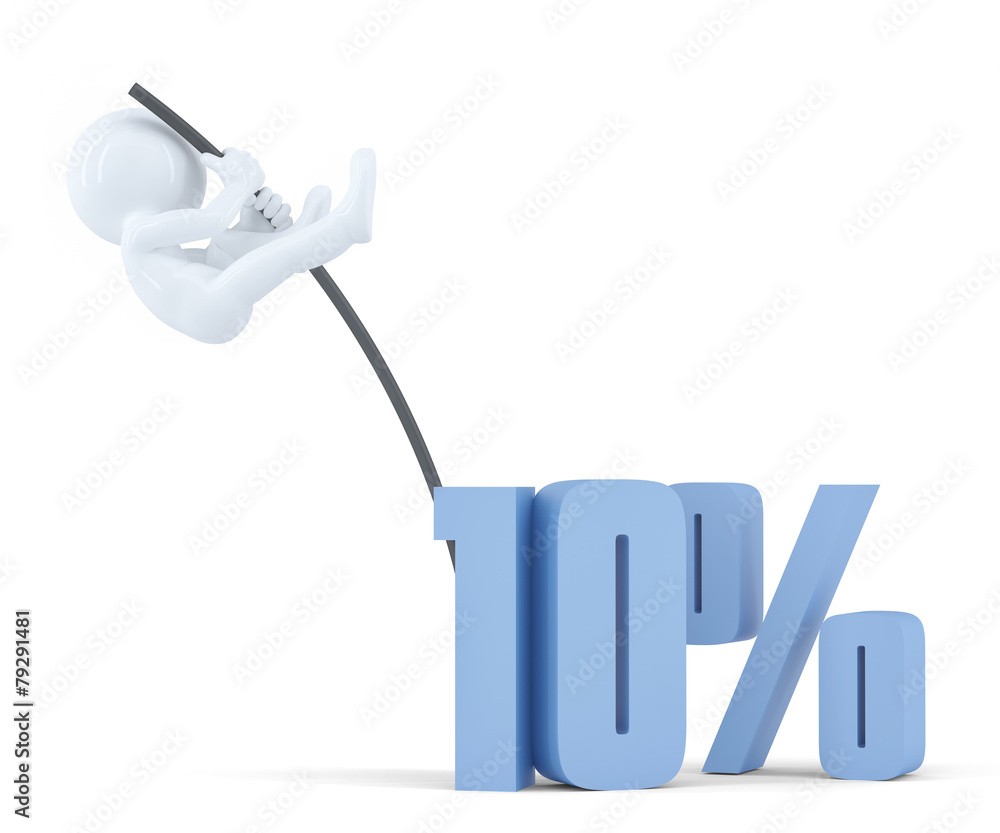 Poster man jumping over '10%' sign using high pole. isolated over white. contains clipping path