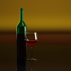 Gefülltes Weinglas vor gelblich/rotem Hintergrund