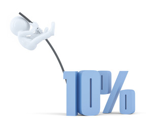 Man jumping over '10%' sign using high pole. Isolated over white. Contains clipping path