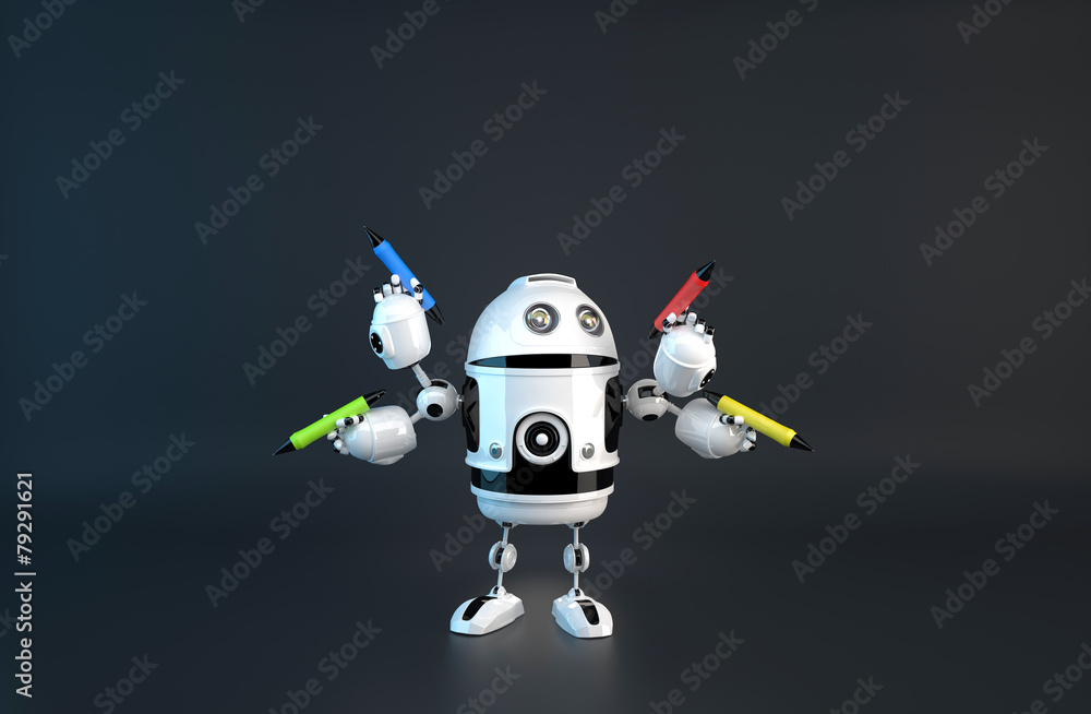 Poster four-armed robot with pencils. multitasking concept. contains clipping path.