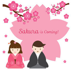 Cherry Blossoms or Sakura flowers with Japanese Couple