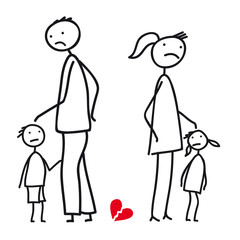 Familie in Scheidung, Krise - Paar mit Kindern in Trennung, Umgang, Unterhalt, Aufenthalt, Schutz des Kindeswohles, Sorgerecht, patchworkfamilie, vektor, isoliert