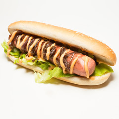 Hot dog with mustard and barbecue sauce on salad bad