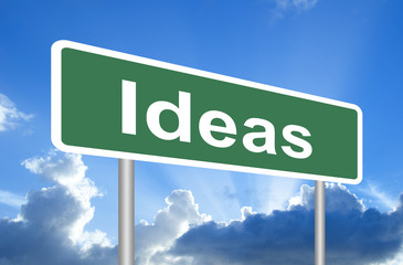 Ideas road sign on blue sky with clouds, isolated