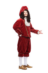 Portrait of the Middle Ages man in red costume isolated on white