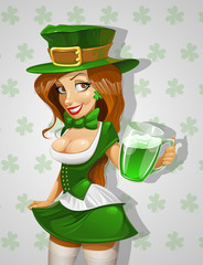 Pretty girl in green with beer