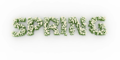 Spring text written with flowers on white background