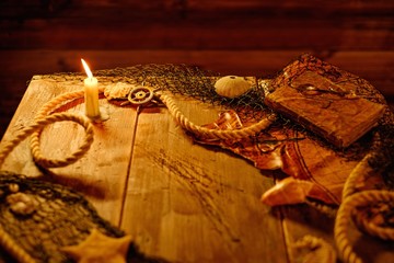 Sea concept on a wooden table background