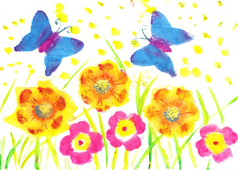 This artwork butterfly batik. Child drawing watercolor flowers,