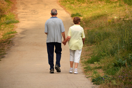 pareja de jubilados caminando por el campo