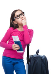 Smiling girl with travel bag, ticket and passport