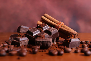 Chocolate, cinnamon and coffee beans