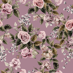 Seamless floral pattern with of roses on purple background