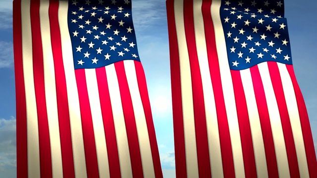 2 USA US Flags Closeup Waving Against Blue Sky CG