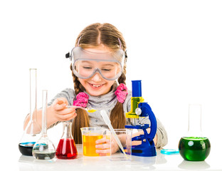happy little girl with flasks for chemistry
